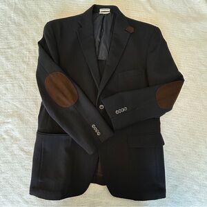 Jhane Barnes Men’s 42R Wool Blazer Navy Blue & Brown Elbow Patches Equestrian
